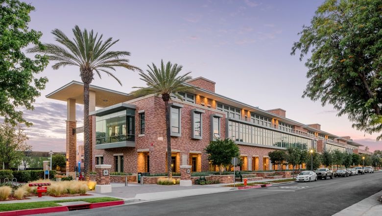 Street view of Keck Center for Science and Engineering building at Chapman University during sunset