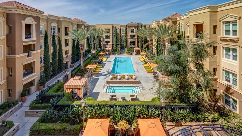 An aerial shot of the courtyard with pool at Chapman Court.