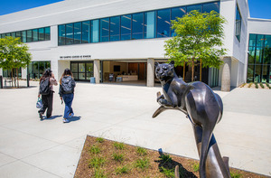Two students walking on Rinker Campus on a sunny day.
