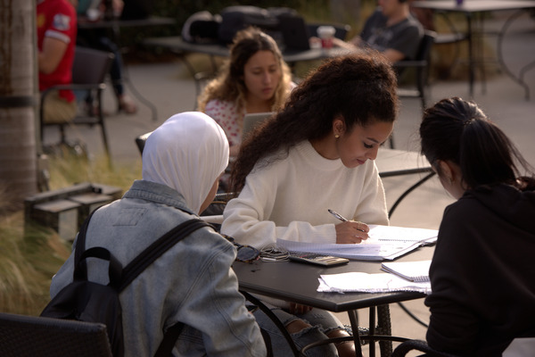 Student work and converse at an outdoor table.