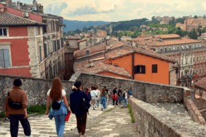 Students walking down a set of stone steps. A city with old infrastrucrtre extends into the background.