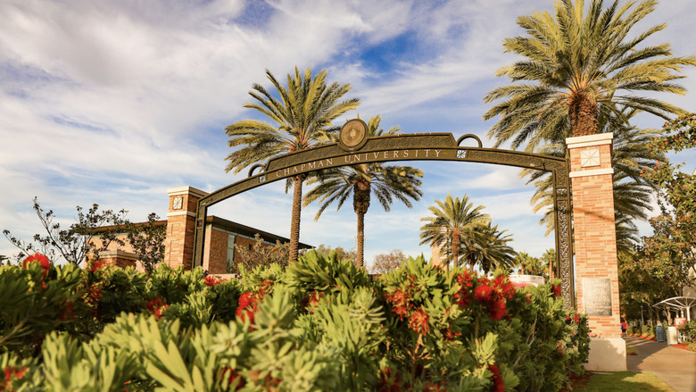 Schmid gate on the Chapman campus in the evening.