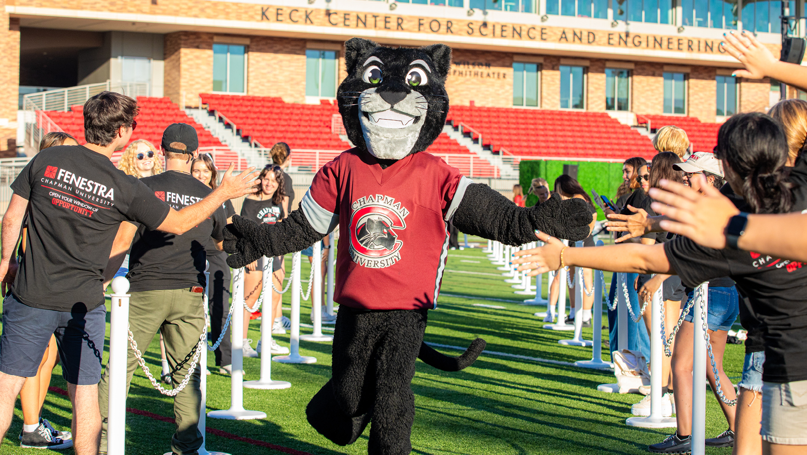 Pete the Panther hugs a friend of Chapman