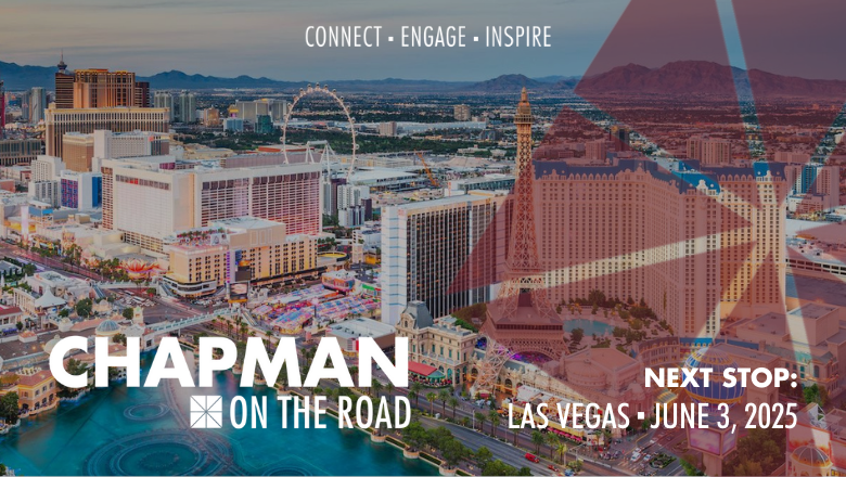 las vegas skyline with chapman on the road logo and date