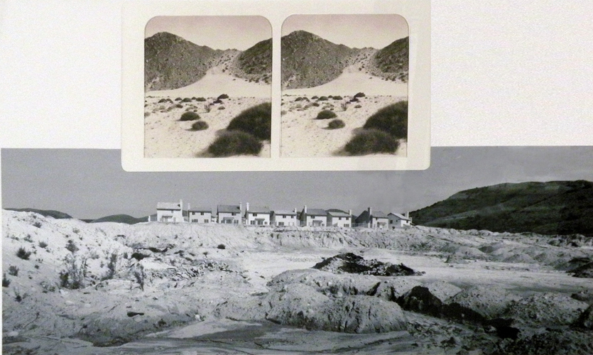 Photograph of a housing development with two image of a barren landscape on top of it. 