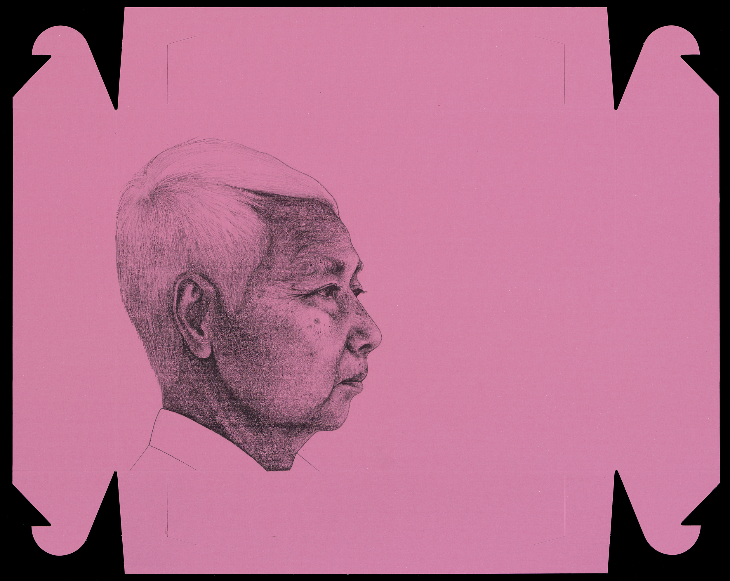 Detailed graphite drawing of an elderly man's face on a pink donut box. 
