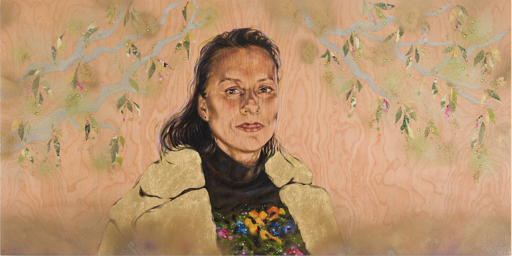 painting of a portrait of a woman with a gold coat surrounded by branches and leaves