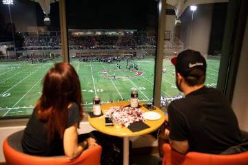 Two people in a box suite looking over a field