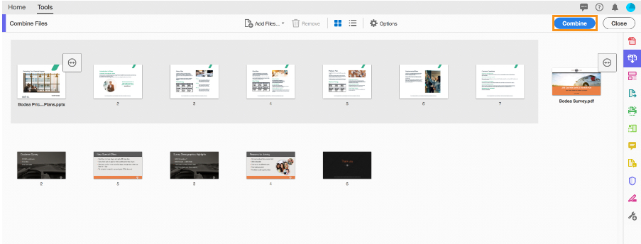 Click Combine to merge the files