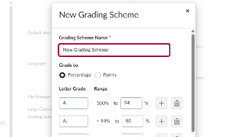 Give your grading scheme a name and adjust the Range accordingly.