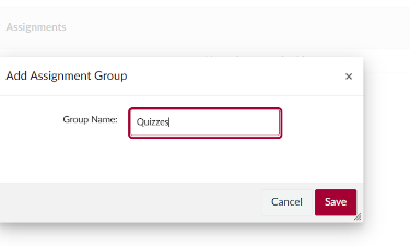 Create Groups based on your syllabus. Repeat adding groups for each weighted category. Some common examples of Groups are "Assignments, Quizzes, Participation, Exams".