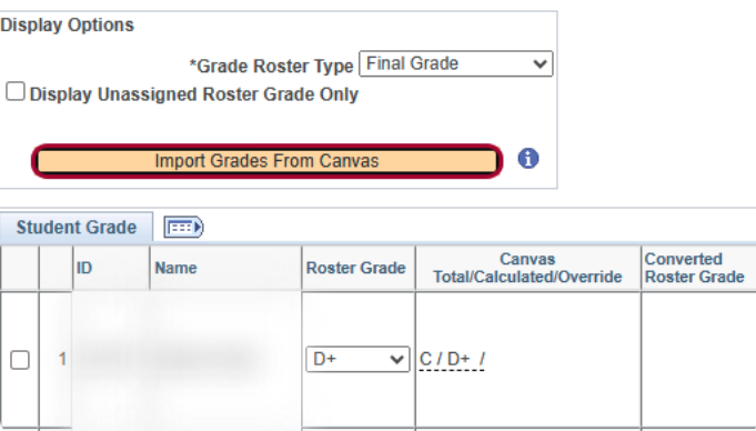 Red circle highlighting Import Grades From Canvas Button