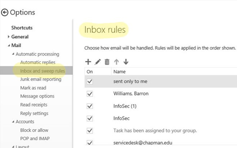 screenshot of exchange Inbox rules