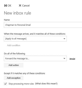 screenshot of New Inbox rules for exchange