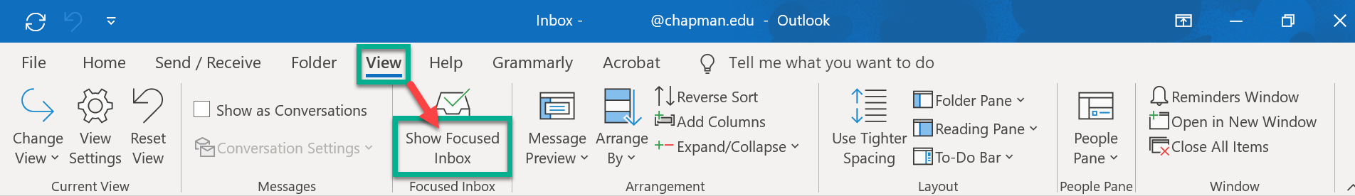 Image of the Outlook ribbon menu with a green square outlining VIEW with a read arrow pointing to the Focused Inbox icon.