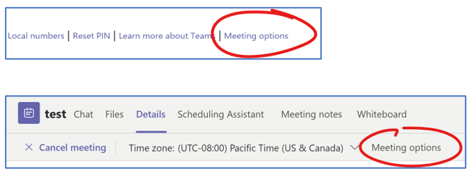 Screenshot of the meeting options links in Outlook and Teams
