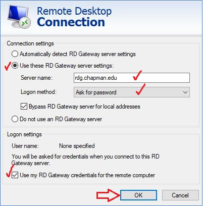Screenshot of the Remote Desktop Gateway settings screen