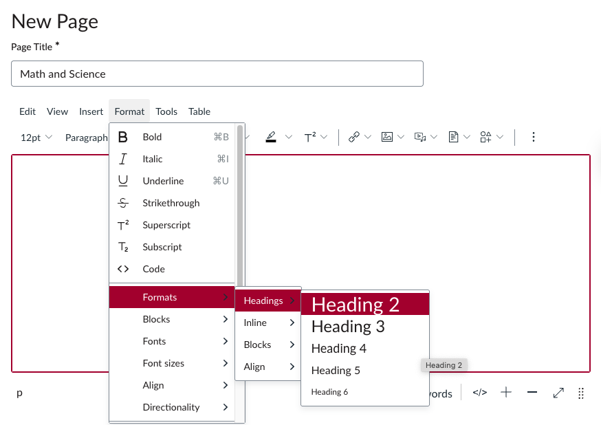 Rich content editor pathway to find headings