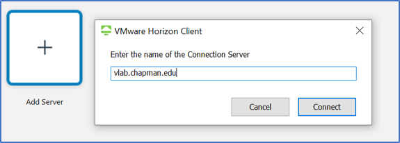 Screenshot of the Add Server screen. Vlab.chapman.edu is entered in the text field.
