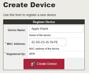 Dialog box demonstrating how to create a device, including Device Name and MAC Address.