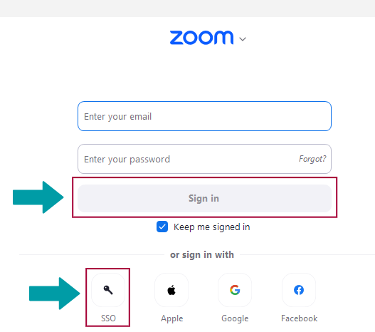 Arrow pointing to Zoom sign-in button. Second arrow pointing to SSO sign-in option.