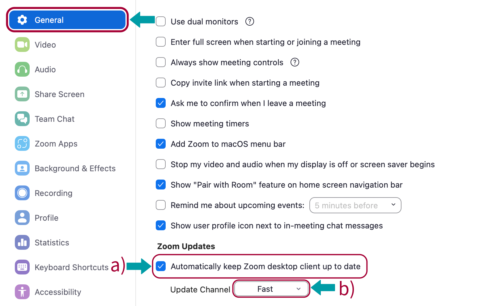 Red box around General tab. Step a) is represented by a red box around  the "automatically keep Zoom up to date" text. Step b) shows a red box around the "Fast" option from the update options.
