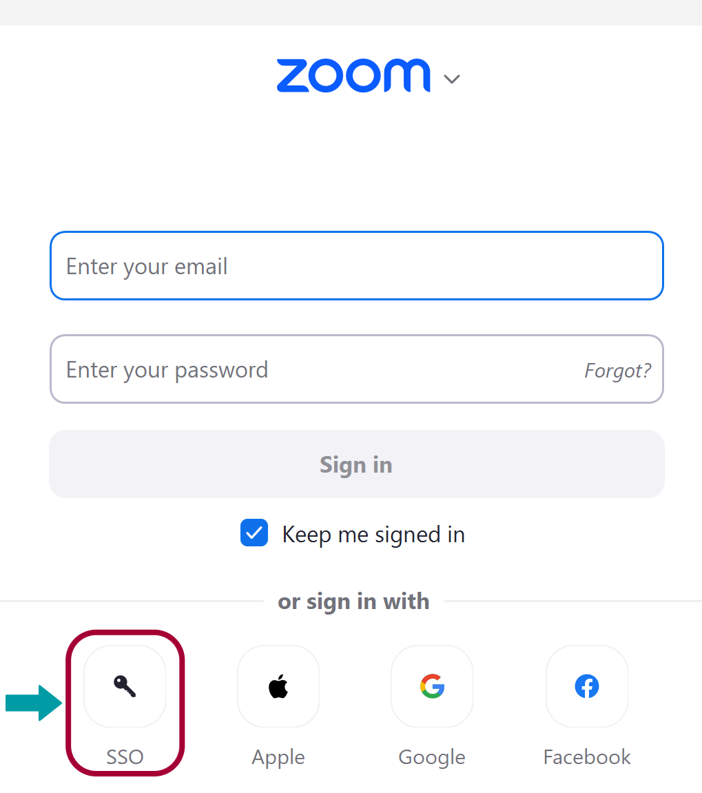 Arrow pointing to SSO sign-in option on Zoom sign-in page