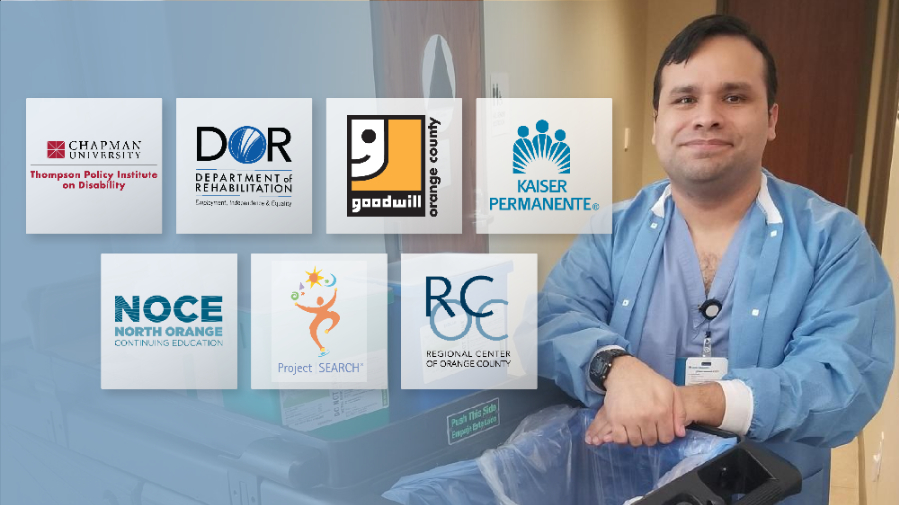 Alex Zavala is standing with his arm resting on a specimen collection hand-truck. Alex is wearing medical scrubs and smiling. On the image are the logos of the service organizations that worked with Alex through Project Search.