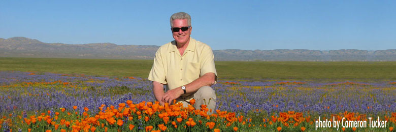 man sitting in a field of flowers