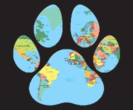 paw print with a world map background