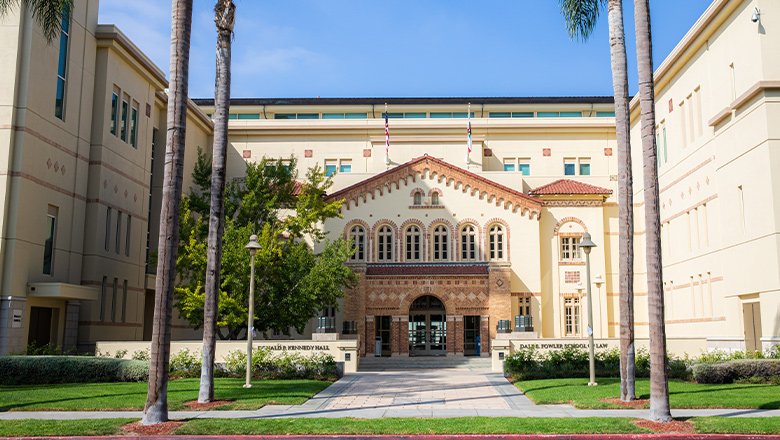Aerial view of Kennedy hall at dusk.