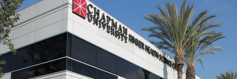 Front of the Rinker Health Science Campus building with the Chapman logo
