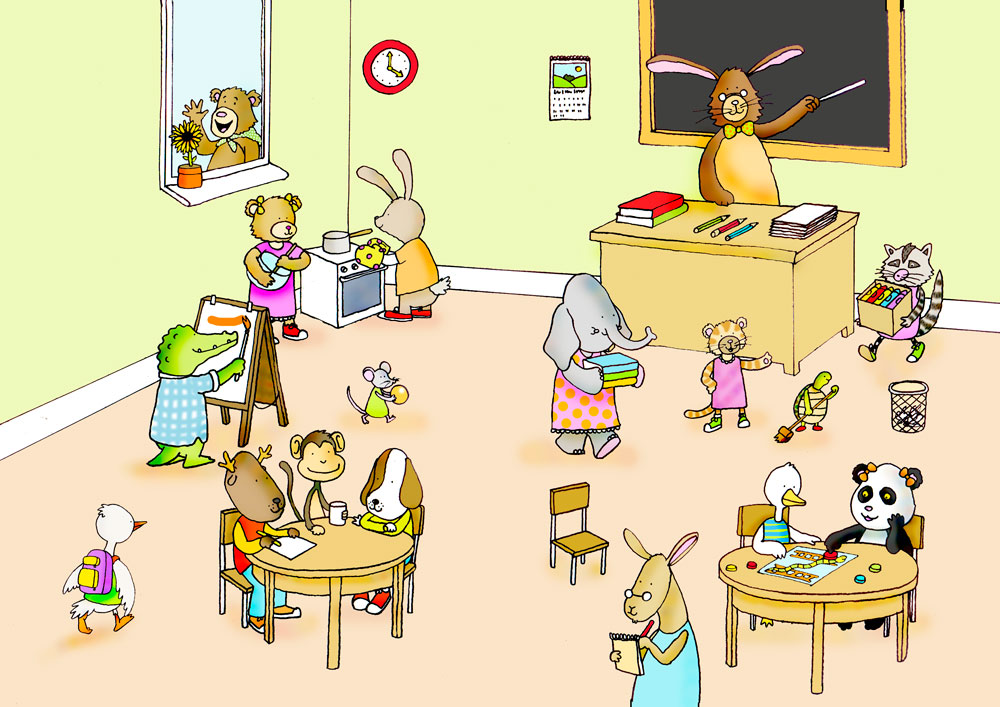 cartoon of anamorphic young animals in a classroom 