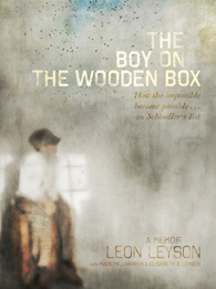 Book cover with a boy in a hat sitting on a wooden box, the background is water-color gray with a window behind the boy