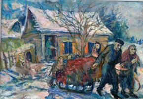 Artwork by David Labkovski depicting the expulsion of Jews from their homes in a small village