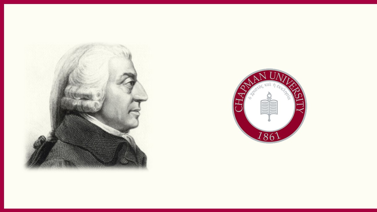 Side profile ink etching of Adam Smith's bust facing the Chapman University Seal