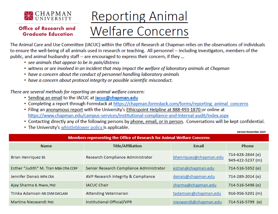 List of contacts and instructions for reporting animal welfare concerns