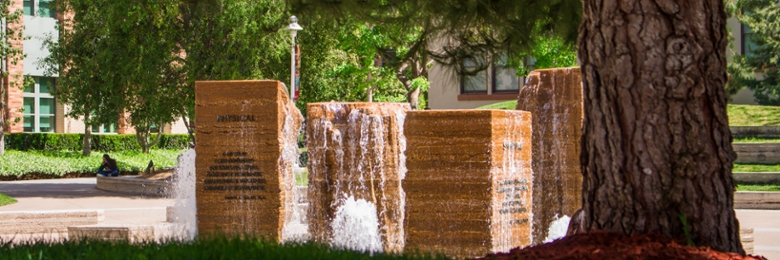 The Four Pillar Fountain in Attallah Piazza at Chapman University