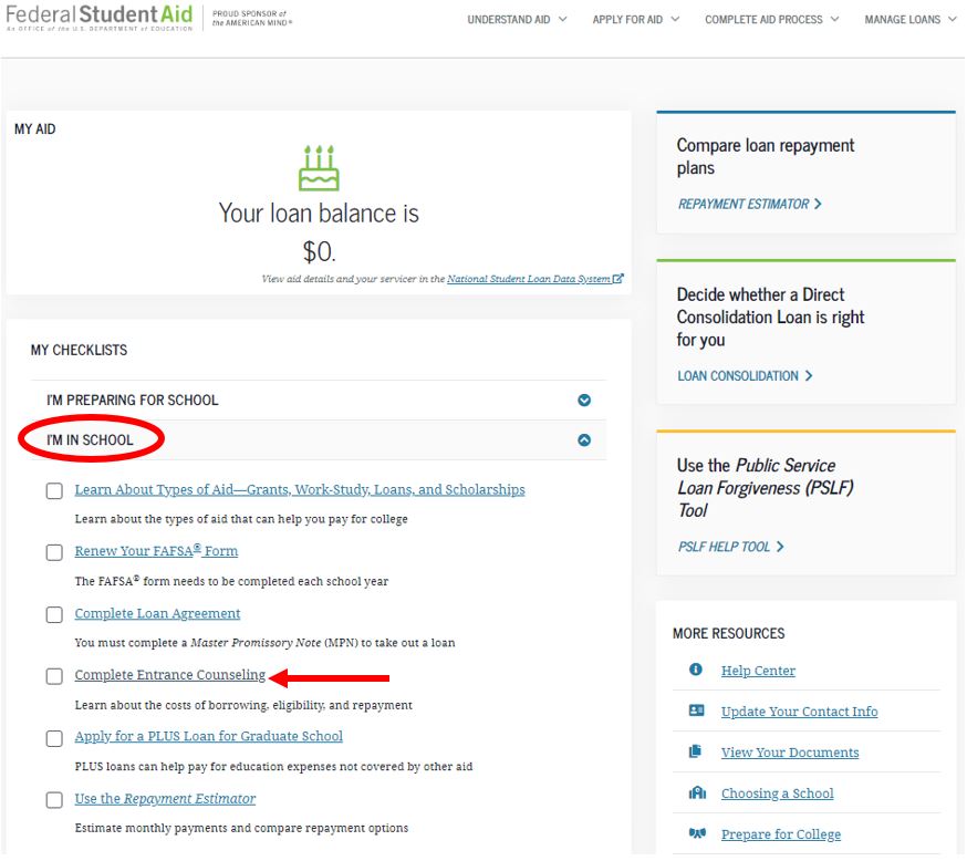 Image demonstrating how to navigate the StudentAid.gov website and where to find Complete Entrance Counseling as the 4th link under the collapsible region "I'm in School."