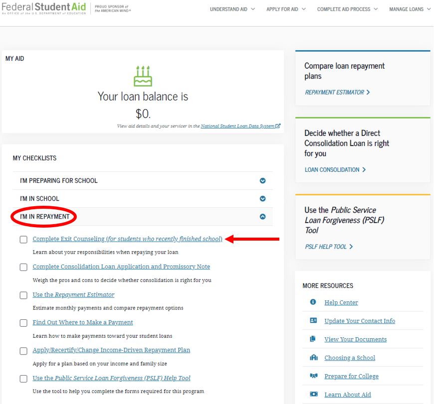 Image demonstrating how to navigate the StudentAid.gov website and where to find Complete Exit Counseling as the 1st link under the collapsible region "I'm in Repayment."