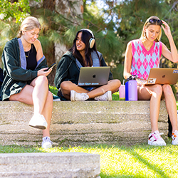 three Chapman female students sitting on a bench looking at their devices