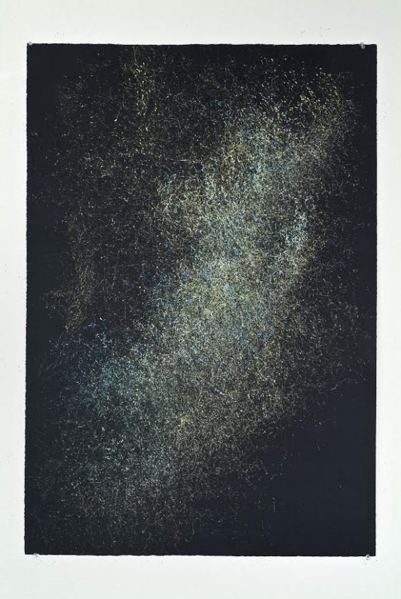 Virginia Katz, On-shore Flow, 7 Hours of Observation, Green and Blue, 3/28/08, metallic ink on black paper, 2008. Purchased with funds from the Escalette Endowment.