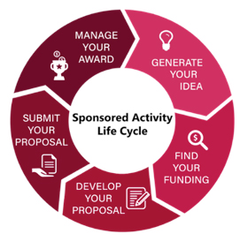 chart explaining Sponsored Activity Lifecycle.  Including 1) generate your idea 2)find your funding 3)develop your proposal 4) submit your proposal 5) manage your award manage your  award