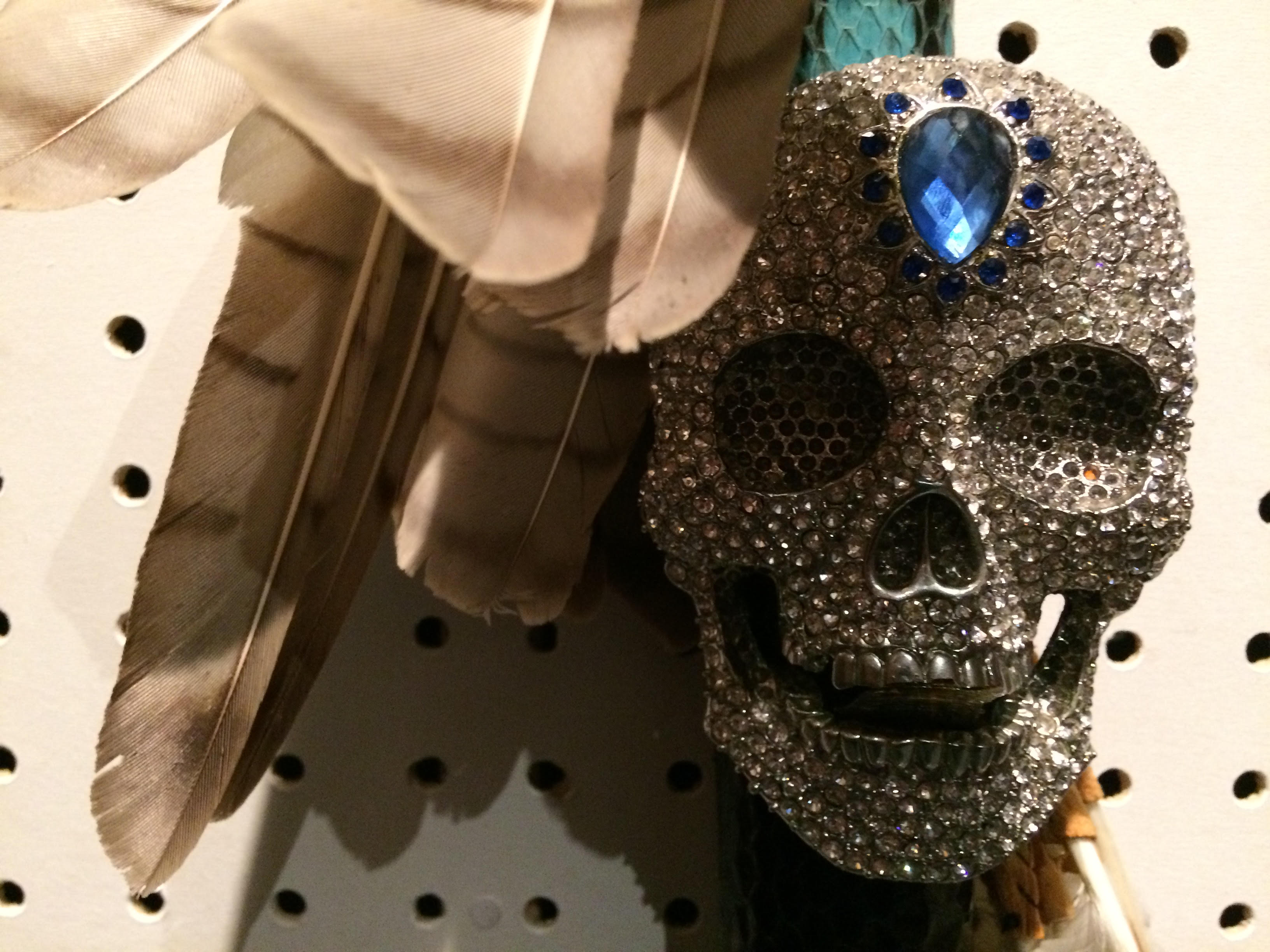 close-up of bird feathers and a jewel-encrusted skull