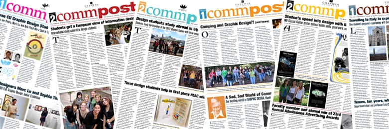 A spread of different issues of the Commpost magazine.